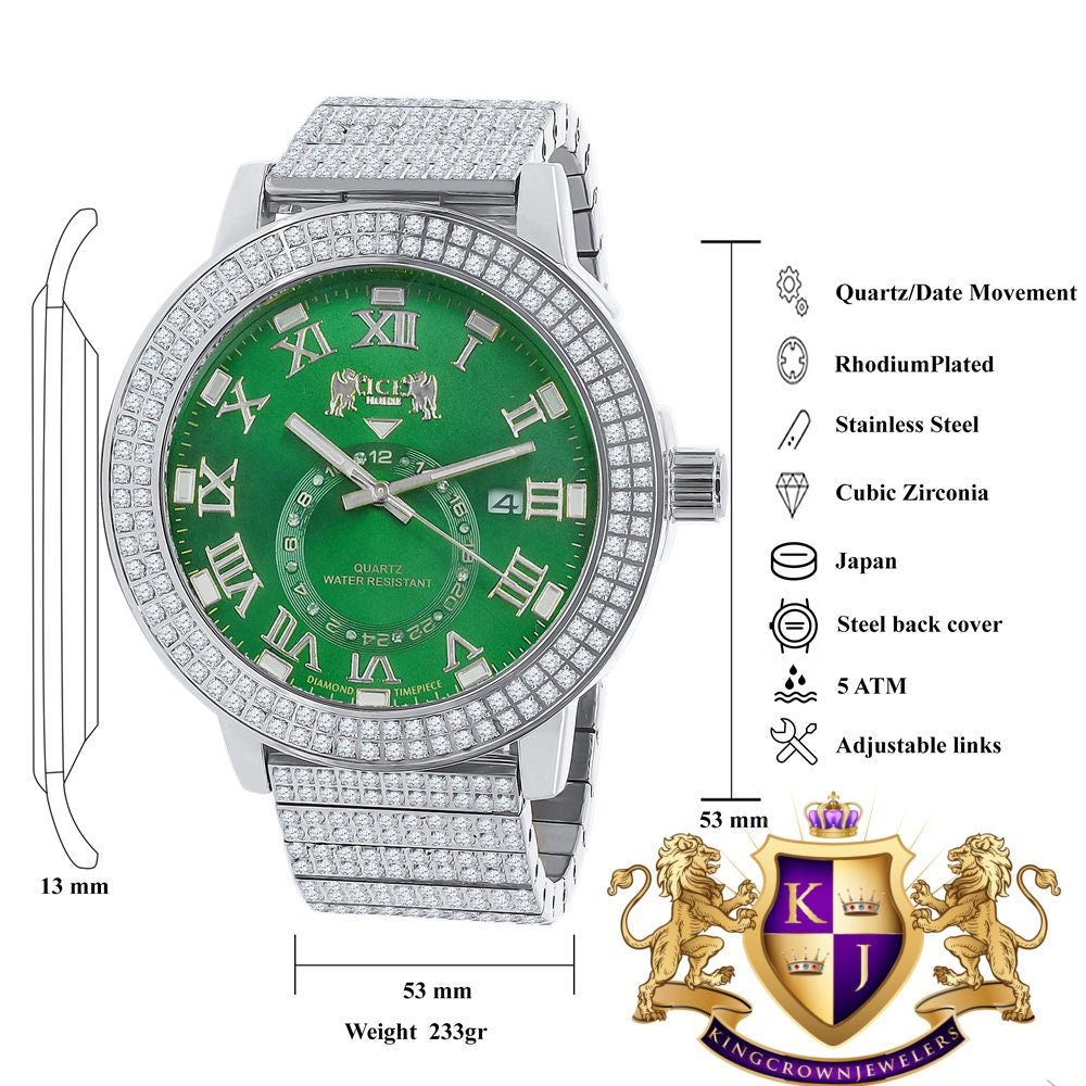 Emerald Green Mens Solid Stainless Steel 18K White Gold Tone Real Diamond Dial Custom Luxury Watch XL 54mm W/Date