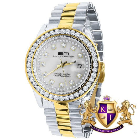 2 Tone Gold Finish Mens Full Stainless Steel White Face Solitaire Simulated Diamond 41mm Presidential Watch