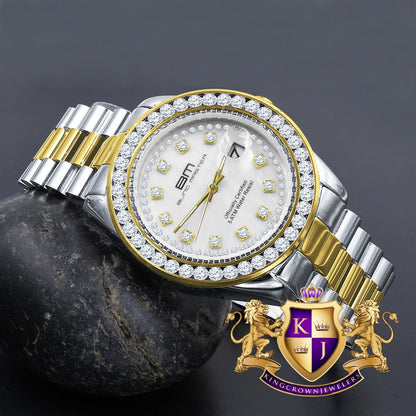 2 Tone Gold Finish Mens Full Stainless Steel White Face Solitaire Simulated Diamond 41mm Presidential Watch