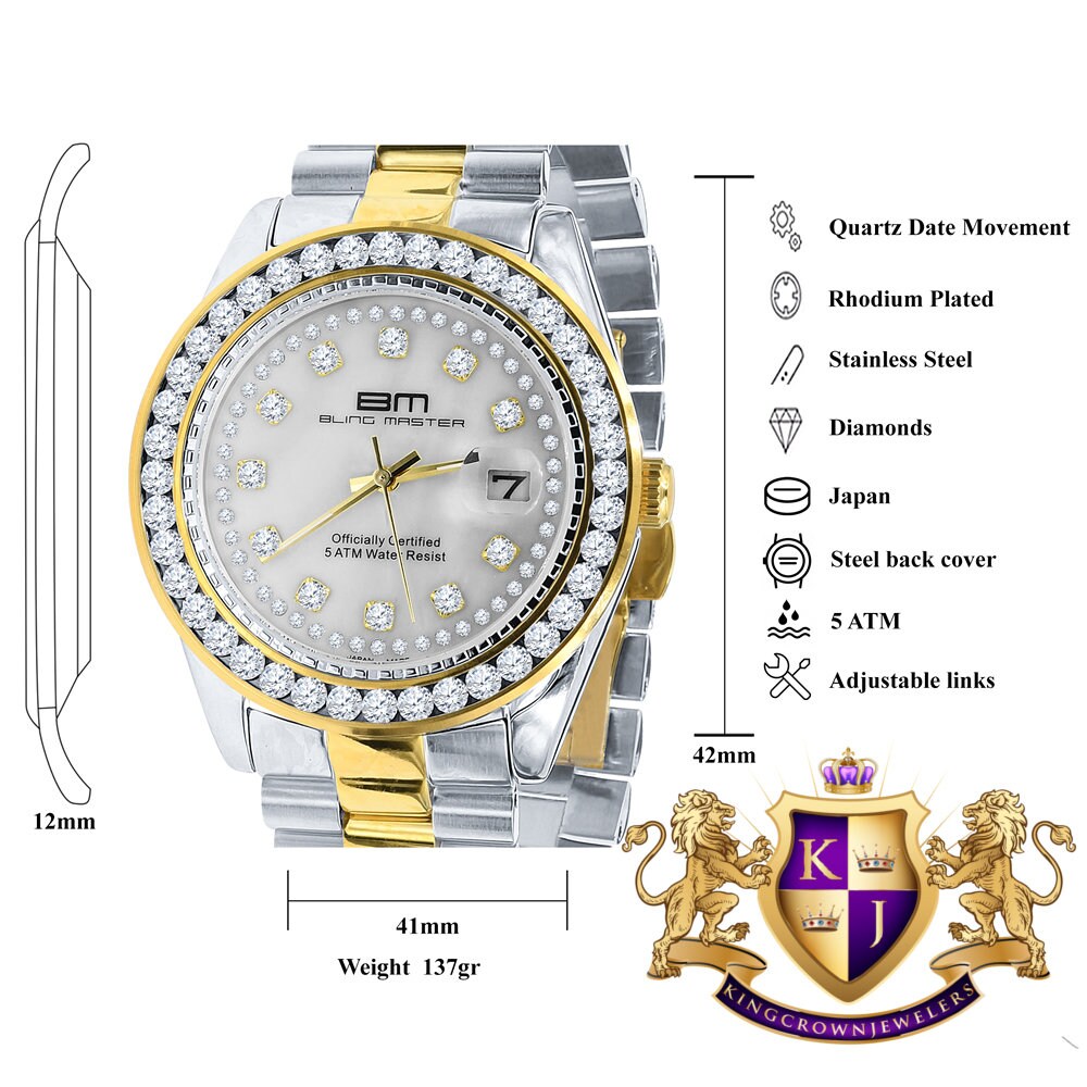 2 Tone Gold Finish Mens Full Stainless Steel White Face Solitaire Simulated Diamond 41mm Presidential Watch