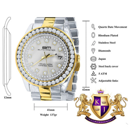 2 Tone Gold Finish Mens Full Stainless Steel White Face Solitaire Simulated Diamond 41mm Presidential Watch