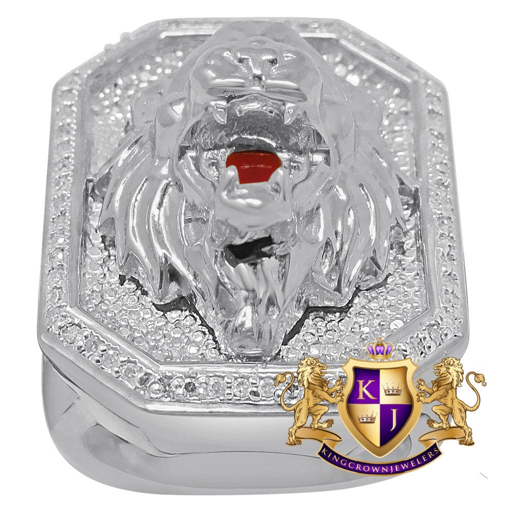 Mens Big Bold Real Genuine Diamond 10K White Gold Finish Lion Head Ring Band (Adjustable 10 Up To 11)