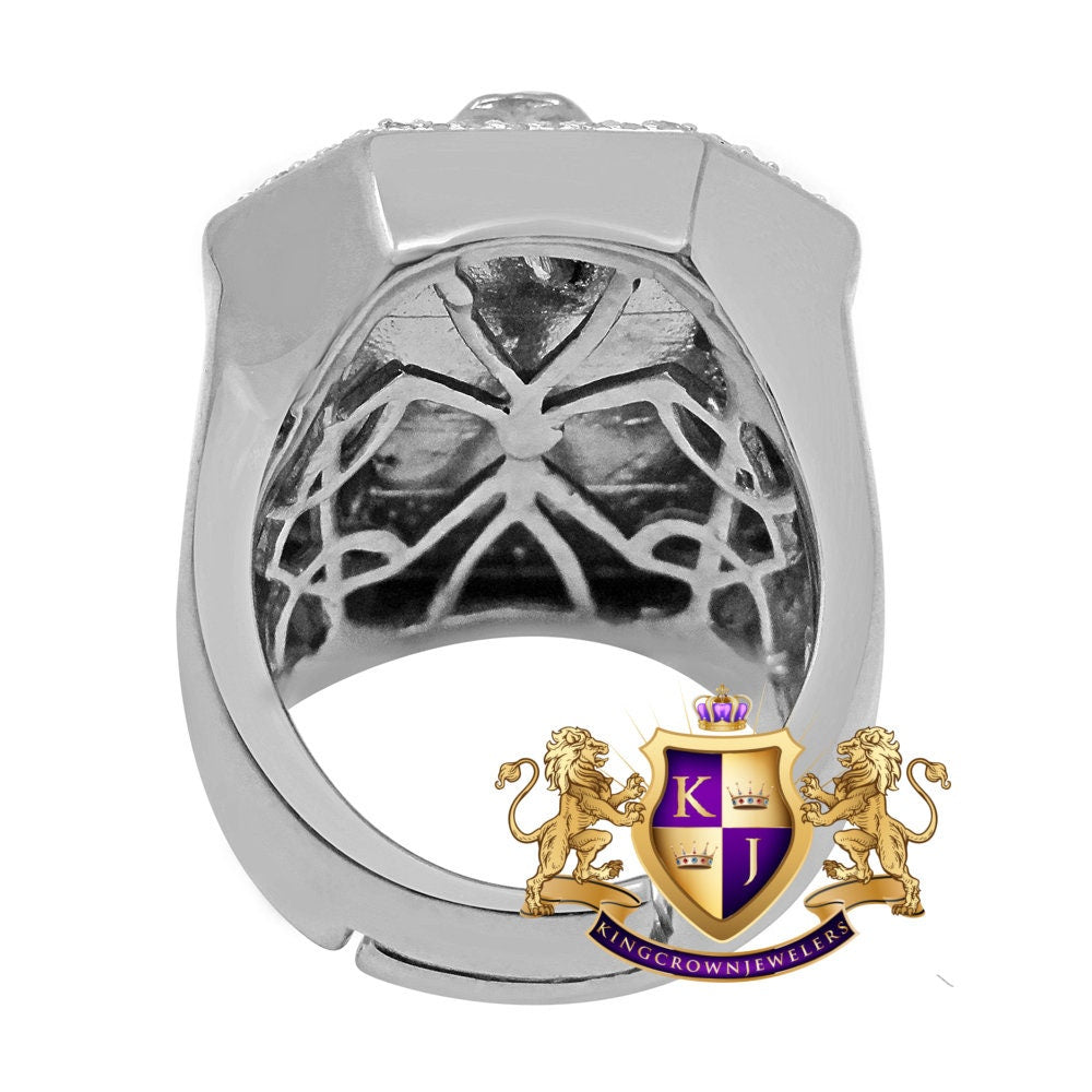 Mens Big Bold Real Genuine Diamond 10K White Gold Finish Lion Head Ring Band (Adjustable 10 Up To 11)