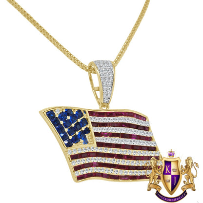 10K Yellow Gold On Real Genuine Sterling Silver Multi Tone Lab Diamond USA American Flag Pendant Charm