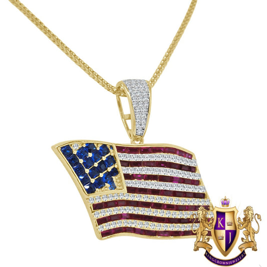10K Yellow Gold On Real Genuine Sterling Silver Multi Tone Lab Diamond USA American Flag Pendant Charm