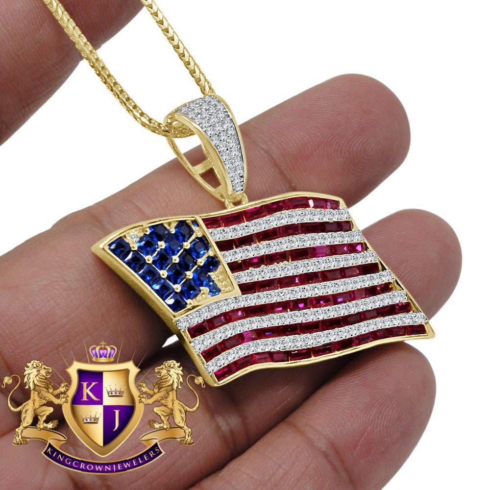 10K Yellow Gold On Real Genuine Sterling Silver Multi Tone Lab Diamond USA American Flag Pendant Charm