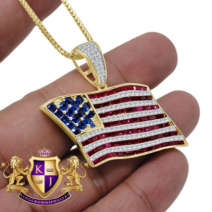 10K Yellow Gold On Real Genuine Sterling Silver Multi Tone Lab Diamond USA American Flag Pendant Charm