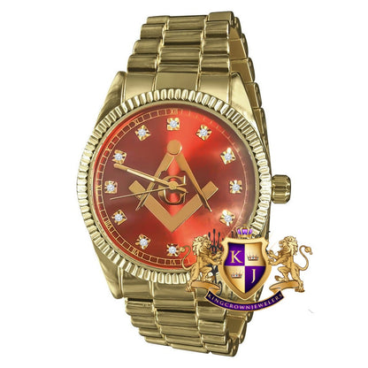 Yellow Gold Finish Ruby Red Dial Mens Freemason Masonic G Compass Lab Diamond Metal Band Watch Water Resistant 40mm