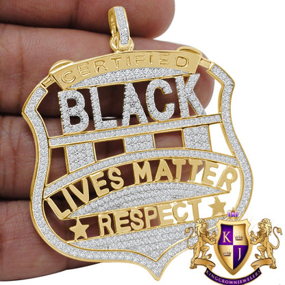 Real Yellow Gold On Genuine Sterling Silver Simulated Diamond "Black Lives Matter" Custom Pendent Charm 2.5''