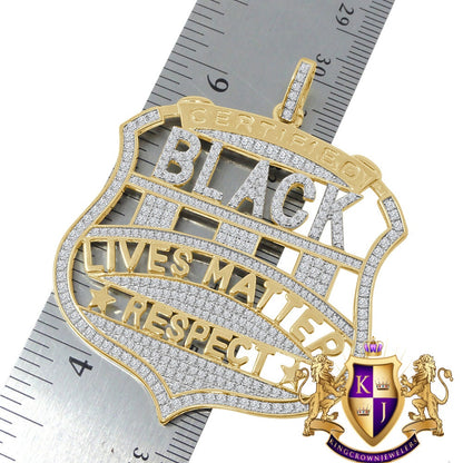 Real Yellow Gold On Genuine Sterling Silver Simulated Diamond "Black Lives Matter" Custom Pendent Charm 2.5''