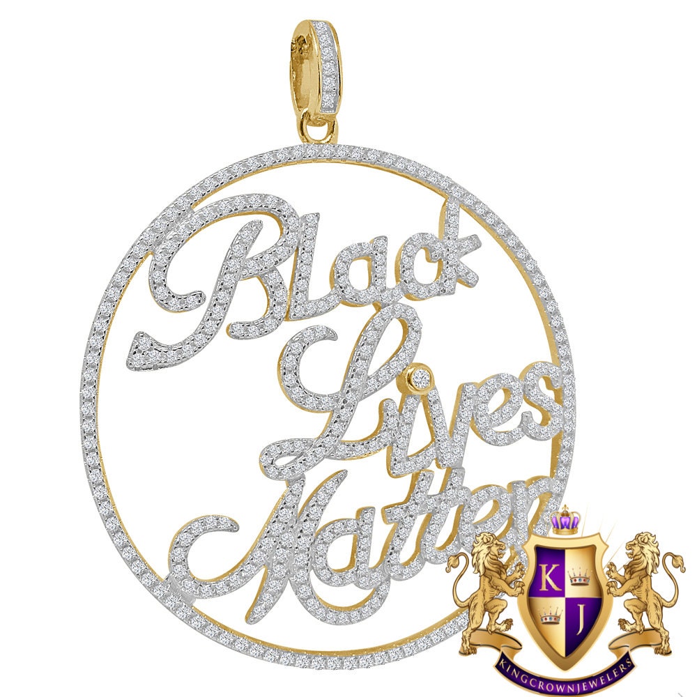 Real Yellow Gold  Sterling Silver Simulated Diamond "Black Lives Matter" Custom Pendent Charm 2.5''