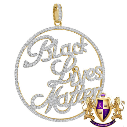 Real Yellow Gold  Sterling Silver Simulated Diamond "Black Lives Matter" Custom Pendent Charm 2.5''