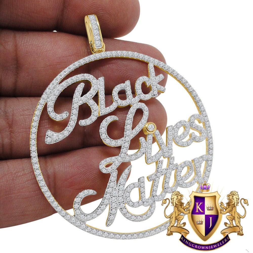 Real Yellow Gold  Sterling Silver Simulated Diamond "Black Lives Matter" Custom Pendent Charm 2.5''