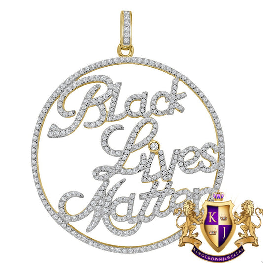 Real Yellow Gold  Sterling Silver Simulated Diamond "Black Lives Matter" Custom Pendent Charm 2.5''