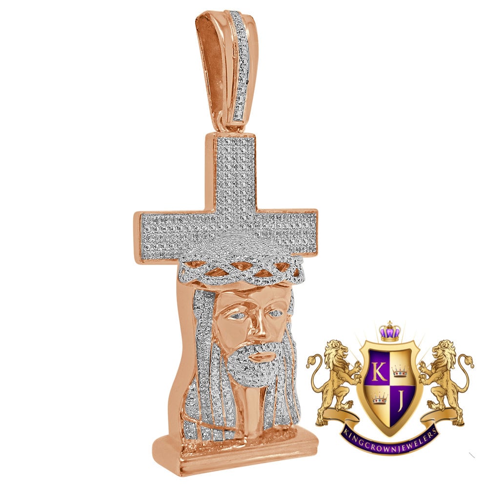 Real Genuine Diamonds 0.40 Cwt. Jesus Face Cross Custom Mens Pendant Charm 10K Rose Gold Finish 2.5''
