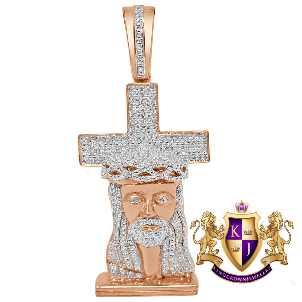 Real Genuine Diamonds 0.40 Cwt. Jesus Face Cross Custom Mens Pendant Charm 10K Rose Gold Finish 2.5''