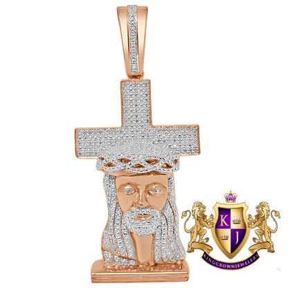 Real Genuine Diamonds 0.40 Cwt. Jesus Face Cross Custom Mens Pendant Charm 10K Rose Gold Finish 2.5''