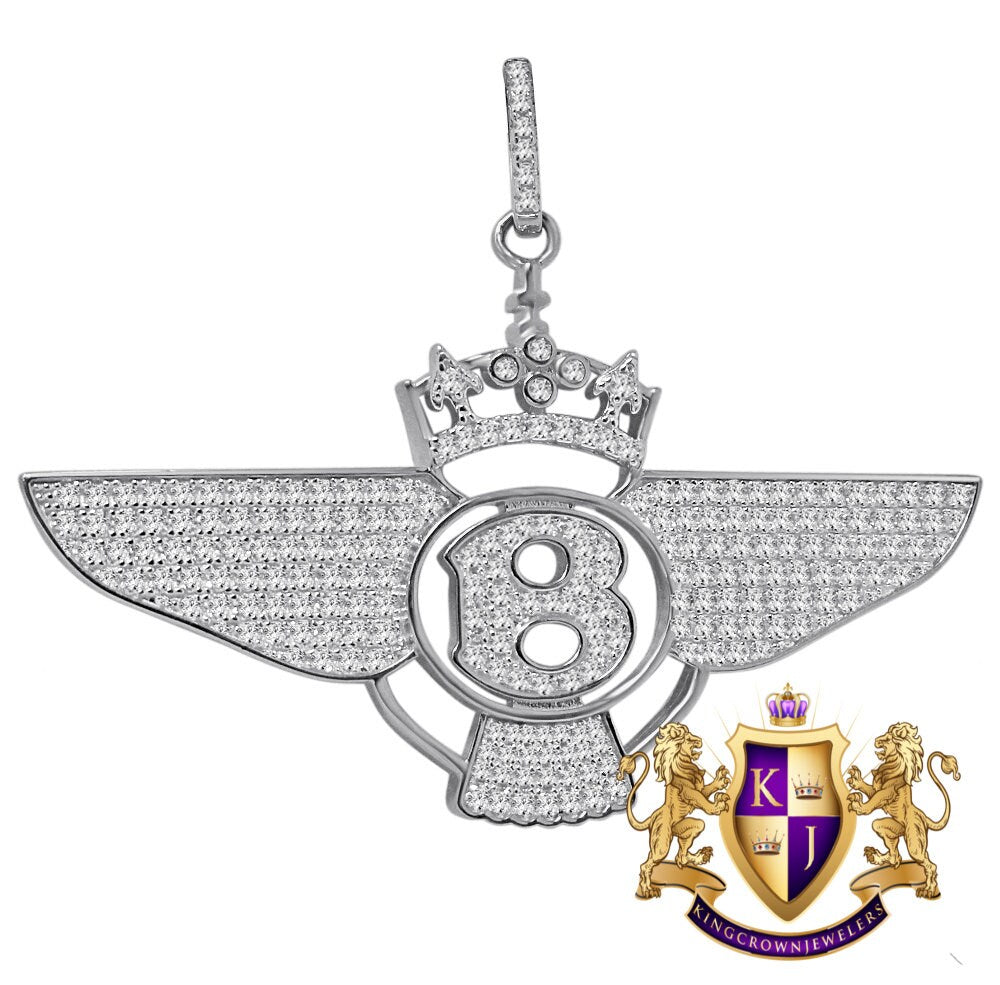 14K White Gold On Genuine Sterling Silver Simulated Diamond B Wing Flying B Bentley Crown Pendant Charm