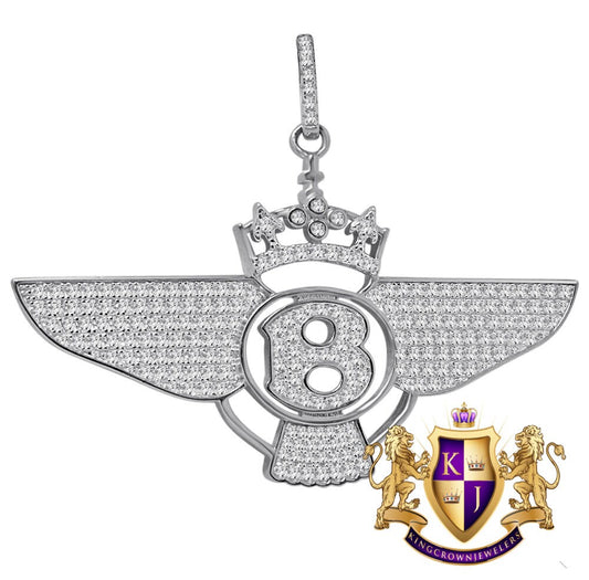 14K White Gold On Genuine Sterling Silver Simulated Diamond B Wing Flying B Bentley Crown Pendant Charm