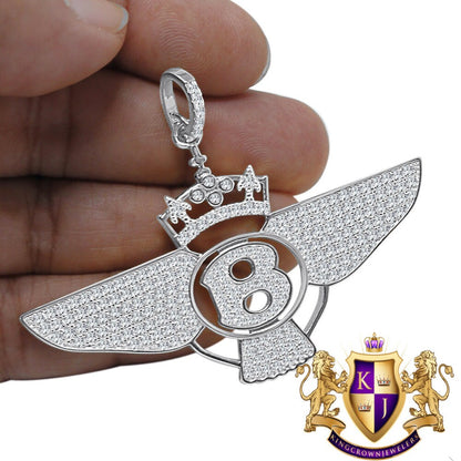 14K White Gold On Genuine Sterling Silver Simulated Diamond B Wing Flying B Bentley Crown Pendant Charm