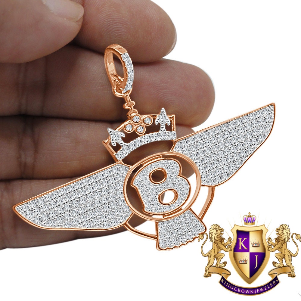 Real Rose Gold Sterling Silver Simulated Diamond B Wing Flying B Bentley Crown Pendant Charm