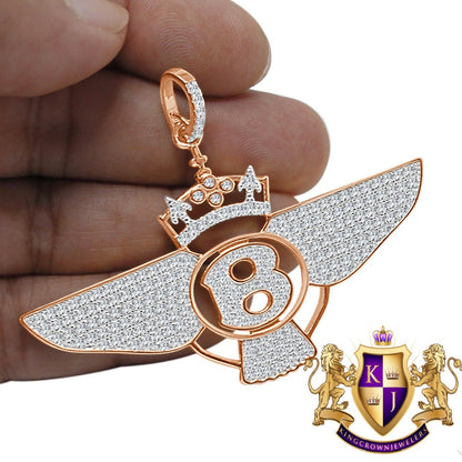 Real Rose Gold Sterling Silver Simulated Diamond B Wing Flying B Bentley Crown Pendant Charm