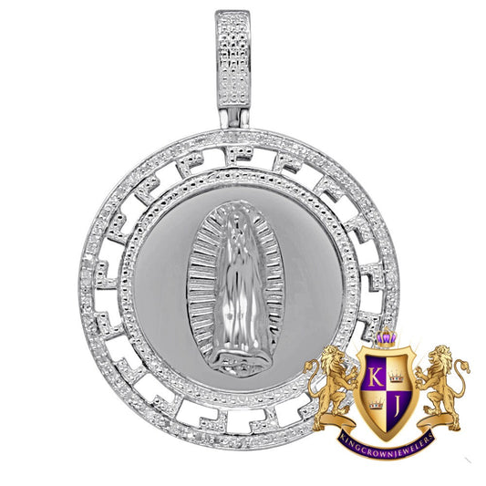 Real Genuine Diamonds Greek Style Virgin Mother Mary Pendent 10K White Gold Finish Charm Medallion