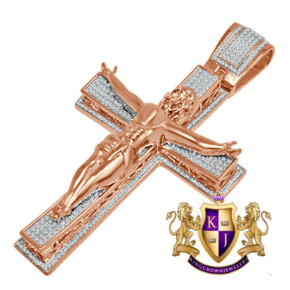 Real Genuine Diamond Jesus Crucifix Cross 10K Rose Gold Finish Charm Pendant Big 3.5''