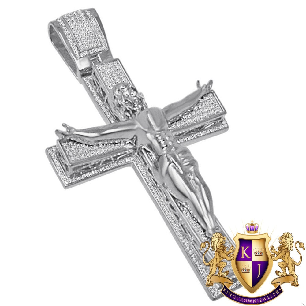 Real Genuine Diamond Jesus Crucifix Cross 10K White Gold Finish Charm Pendant Big 3.5''