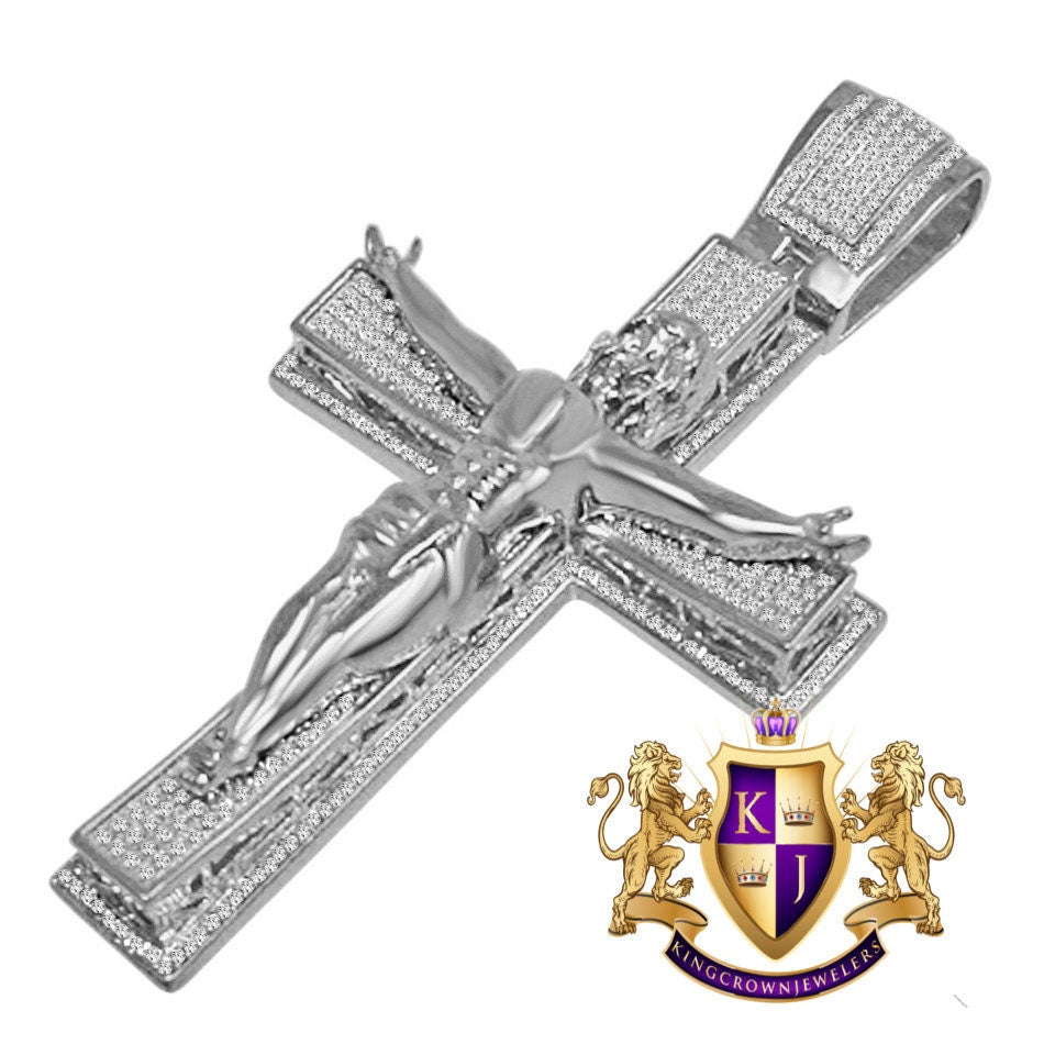 Real Genuine Diamond Jesus Crucifix Cross 10K White Gold Finish Charm Pendant Big 3.5''