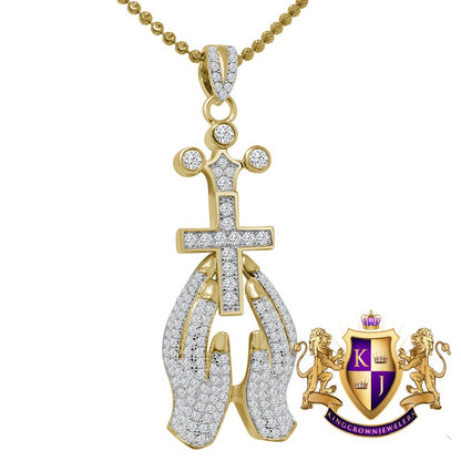 Authentic Genuine Italian Sterling Silver 14K Gold Over 1.50 Cwt. Simulated Diamond Praying Hands Cross Religious Pendant Charm Chain Set