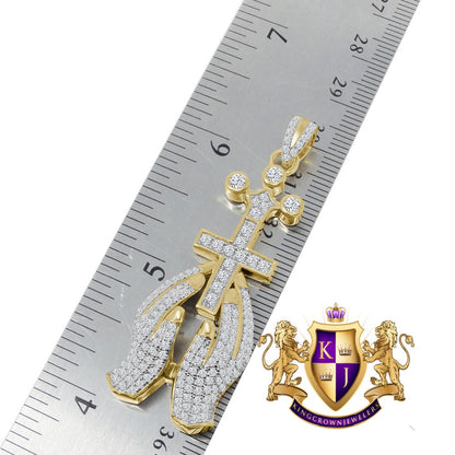 Authentic Genuine Italian Sterling Silver 14K Gold Over 1.50 Cwt. Simulated Diamond Praying Hands Cross Religious Pendant Charm Chain Set