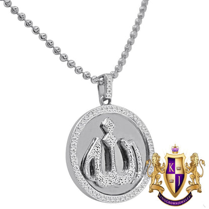 Men's Ladies Real Genuine Diamond 10K White Gold Finish Mini Allah Religious Pendent Charm Chain Necklace Set