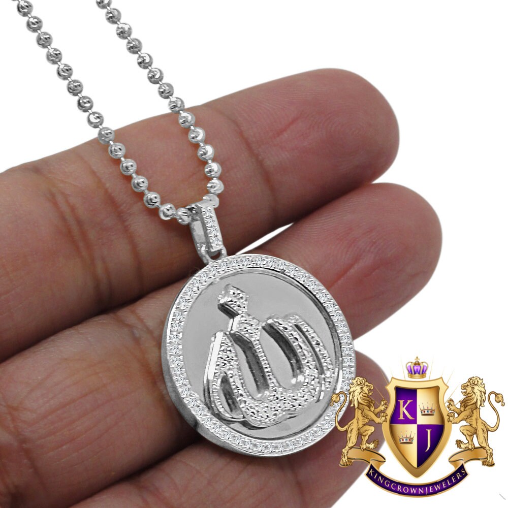 Men's Ladies Real Genuine Diamond 10K White Gold Finish Mini Allah Religious Pendent Charm Chain Necklace Set