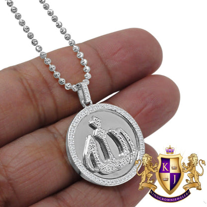 Men's Ladies Real Genuine Diamond 10K White Gold Finish Mini Allah Religious Pendent Charm Chain Necklace Set