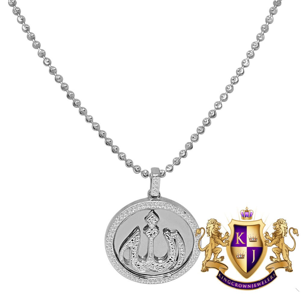 Men's Ladies Real Genuine Diamond 10K White Gold Finish Mini Allah Religious Pendent Charm Chain Necklace Set