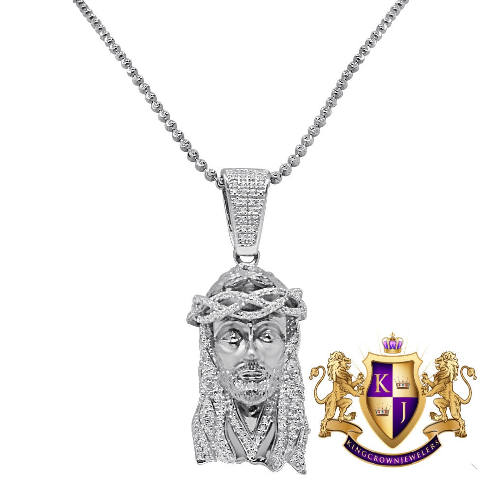 Genuine Diamond 10K White Gold Finish Mens Mini Jesus 1.75" Charm Pendant Chain Set