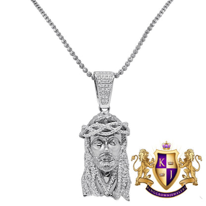 Genuine Diamond 10K White Gold Finish Mens Mini Jesus 1.75" Charm Pendant Chain Set