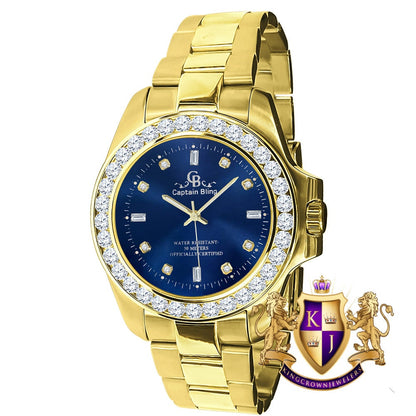 Blue Dial Stainless Steel Simulated Diamonds 18K Yellow Gold Finish Mens solitaire watch 42mm