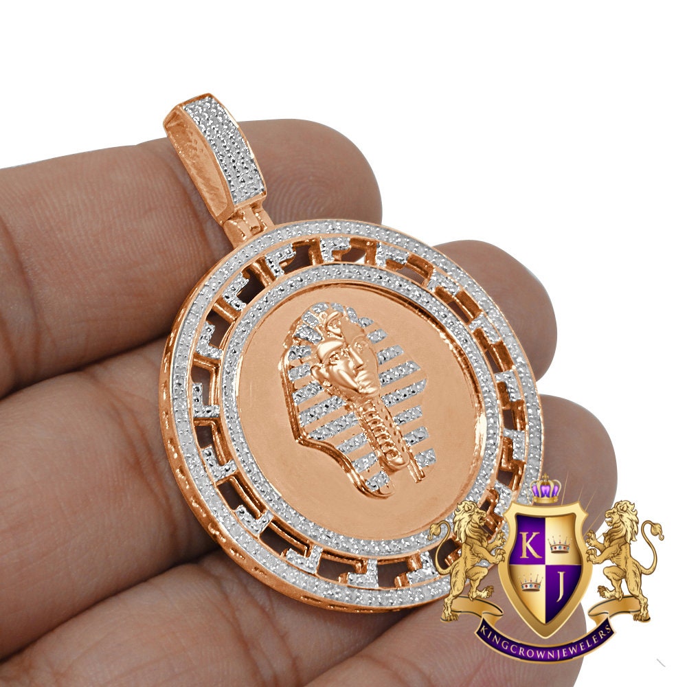 Real Genuine Diamonds Greek Style Egyptian Pharaoh King Tut Mummy Pendent 10K Rose Gold Over Charm Medallion 2.00''