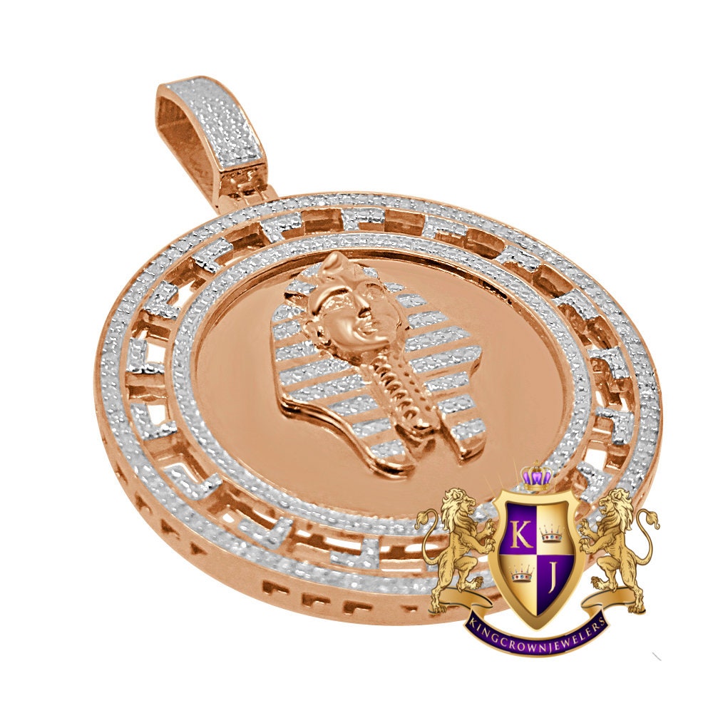 Real Genuine Diamonds Greek Style Egyptian Pharaoh King Tut Mummy Pendent 10K Rose Gold Over Charm Medallion 2.00''