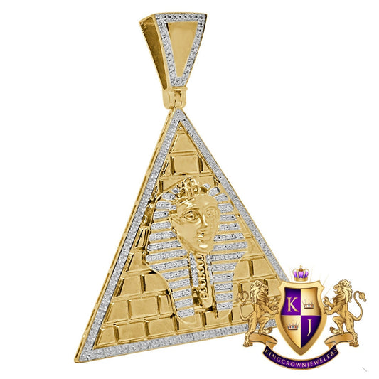 Real Genuine Diamond 10K Yellow Gold Finish Egyptian Pharaoh King Tut Pyramid Charm Pendent  xl 2.75''