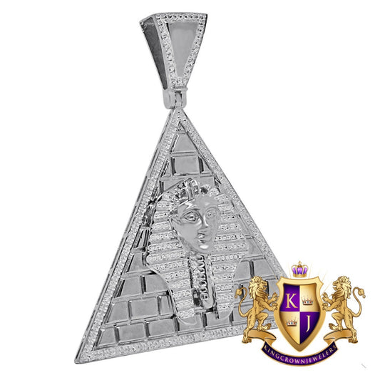 Real Genuine Diamond 10K White Gold Finish Egyptian Pharaoh King Tut Pyramid Charm Pendent  xl 2.75''