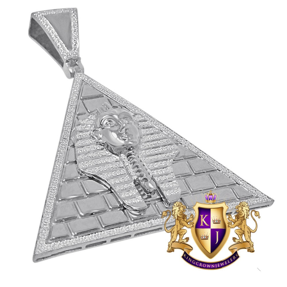 Real Genuine Diamond 10K White Gold Finish Egyptian Pharaoh King Tut Pyramid Charm Pendent  xl 2.75''