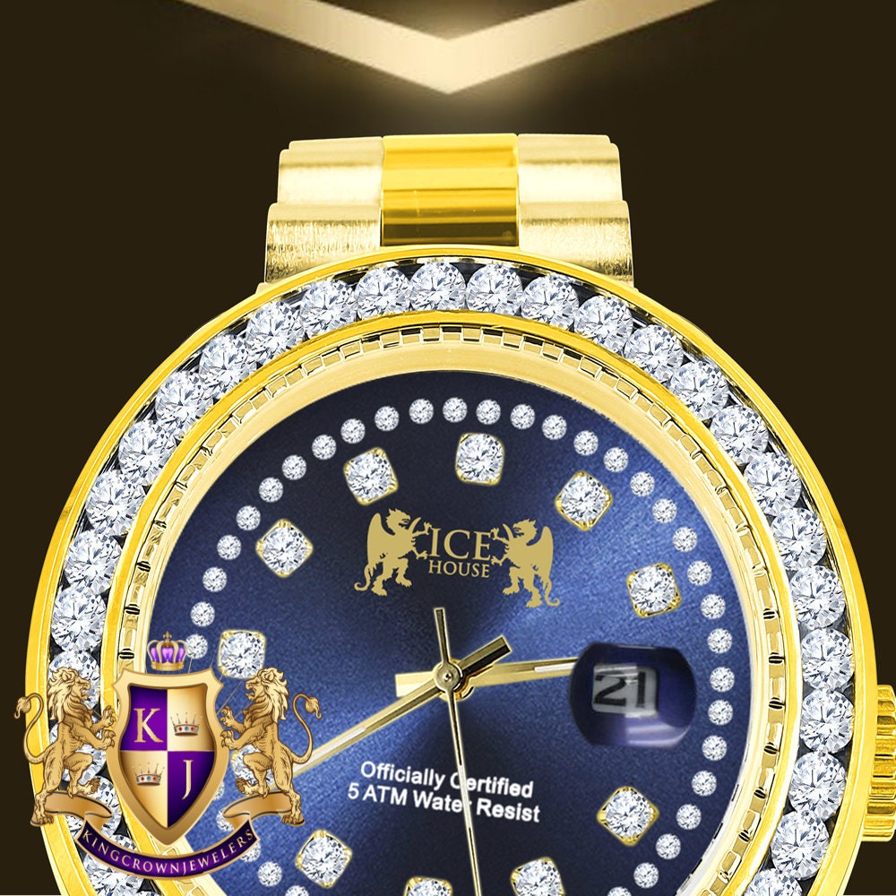 Mens Full Solid stainless Steel Solitaire Blue Face 18K Yellow Gold Finish Simulated Diamond 41mm Watch