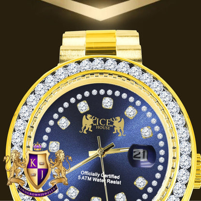 Mens Full Solid stainless Steel Solitaire Blue Face 18K Yellow Gold Finish Simulated Diamond 41mm Watch