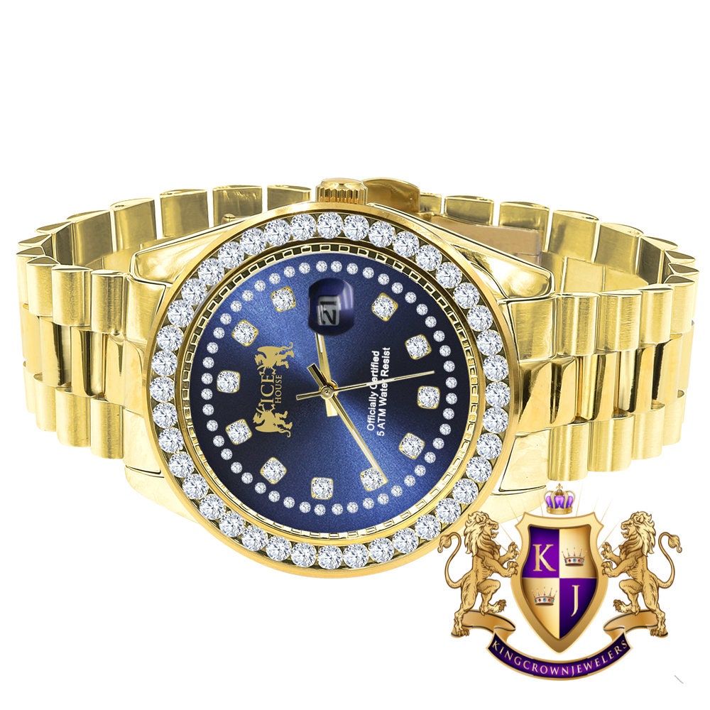 Mens Full Solid stainless Steel Solitaire Blue Face 18K Yellow Gold Finish Simulated Diamond 41mm Watch