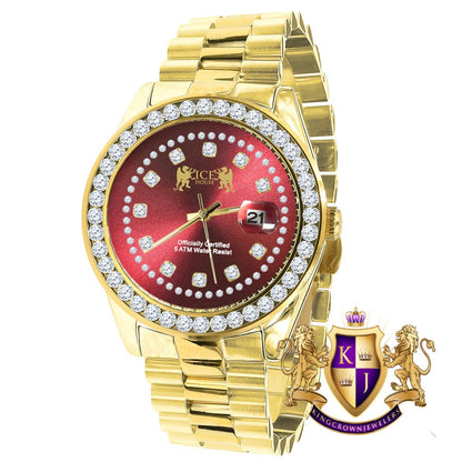 Mens Full Solid stainless Steel Solitaire Red Face 18K Yellow Gold Finish Simulated Diamond 41mm Watch