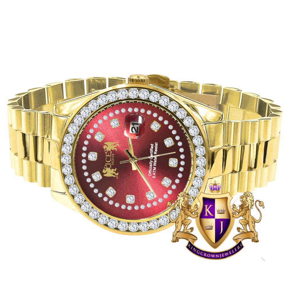 Mens Full Solid stainless Steel Solitaire Red Face 18K Yellow Gold Finish Simulated Diamond 41mm Watch