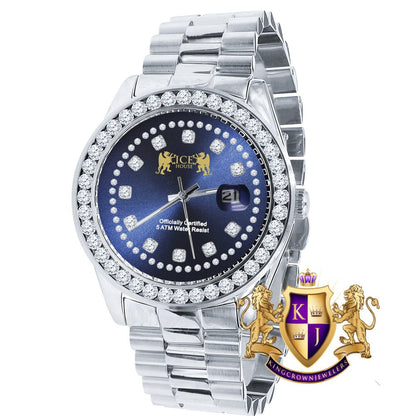 Sapphire Blue Dial Full Solid stainless Steel Solitaire 18K Yellow Gold Finish Simulated Diamond 41mm Mens Watch